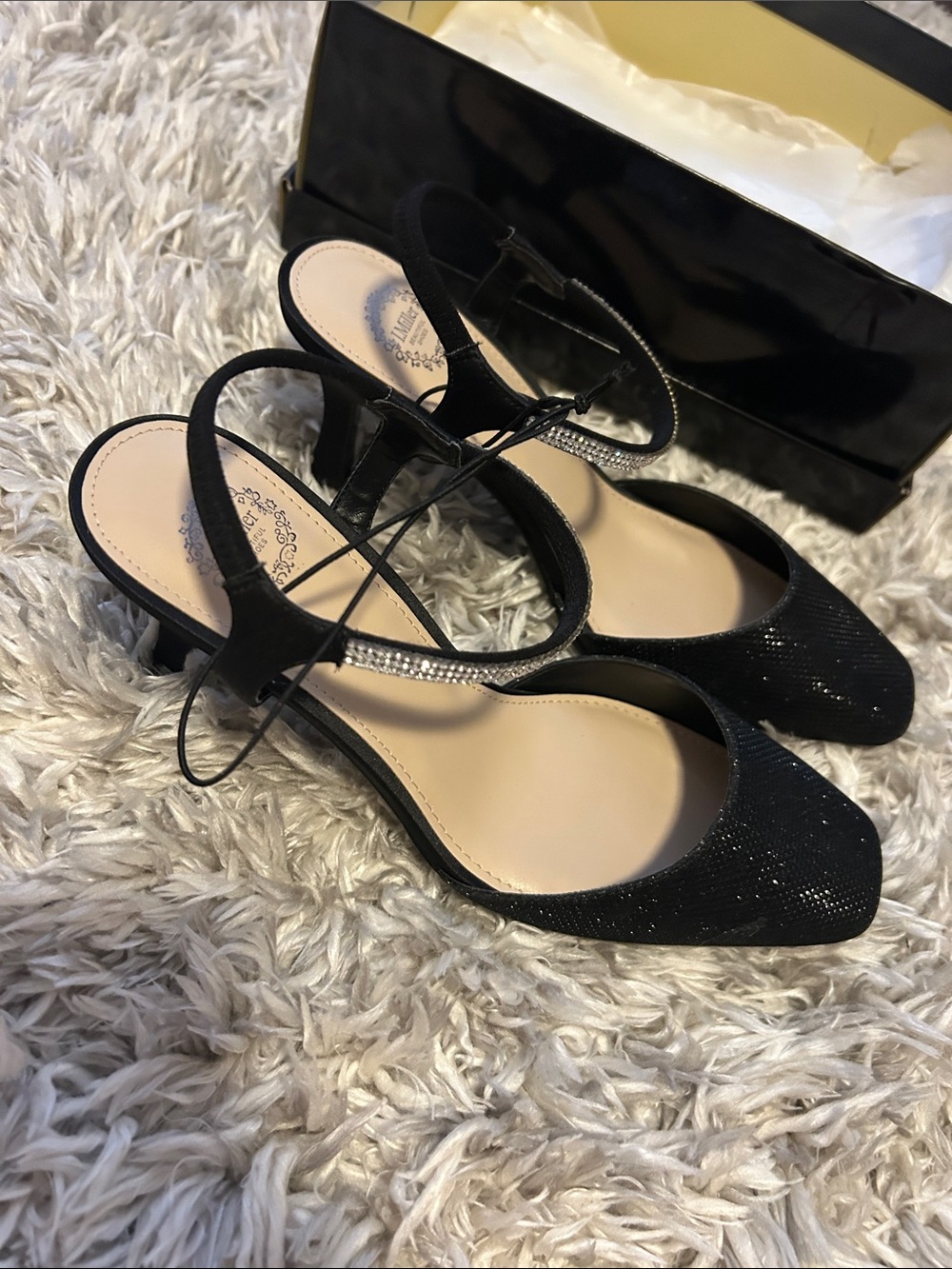 Black Rhinestone Slingback Low Heel Sandals